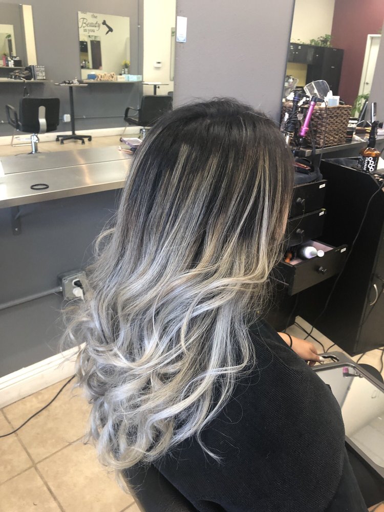 straight long hair with curls at bottom black to silver blonde hombre