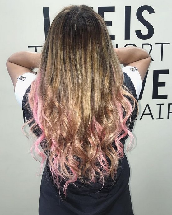 brown to blonde to pink ombre with end curls